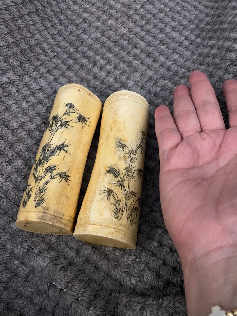 Hand-Carved Bamboo Style Bone Vases with Botanical Motif